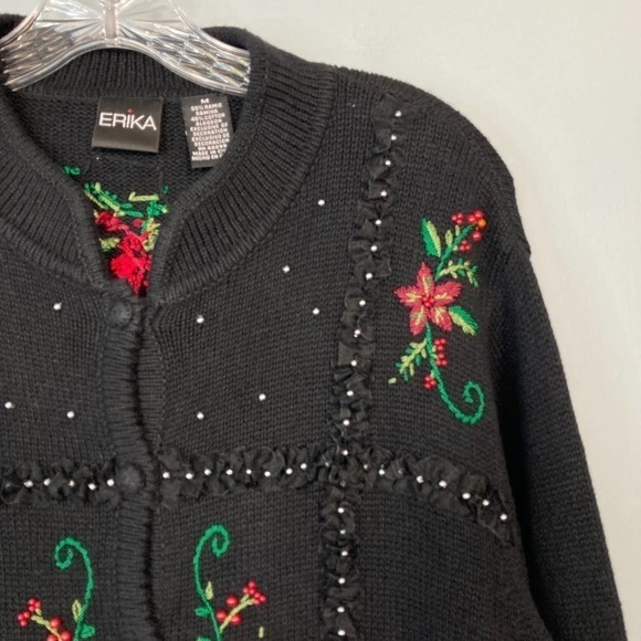 ERIKA Poinsettia Christmas Holiday Beaded Embroidered Cardigan Sweater Size M - Picture 10 of 12